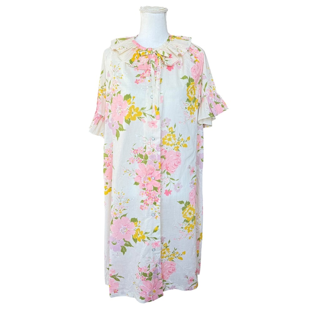 Vintage Smart Time Floral Nightgown Pink Yellow Ruffle Collar‎ Housecoat Size 16